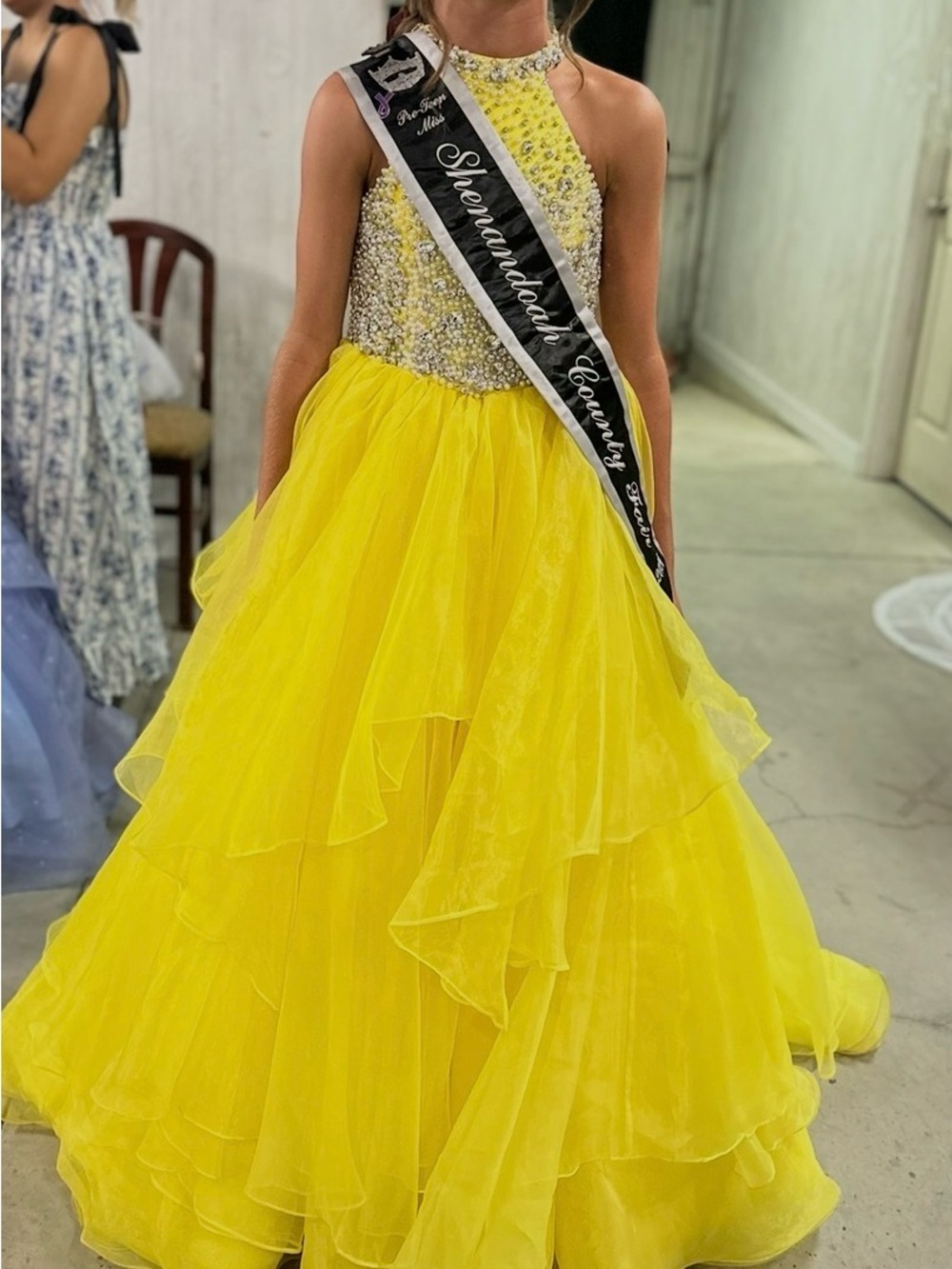 Girls' Yellow Beaded Halter Tulle Pageant Gown